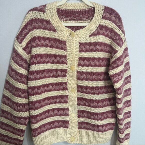 Hand Knit Wool Cream Burgundy Button Up Fair Isle Cardigan Sweater Size Large - Picture 2 of 6